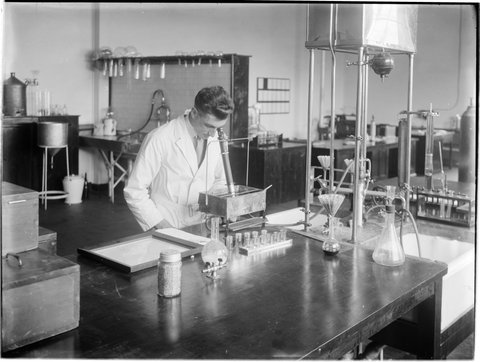 In the laboratory at the Carlton Brewery, 1938