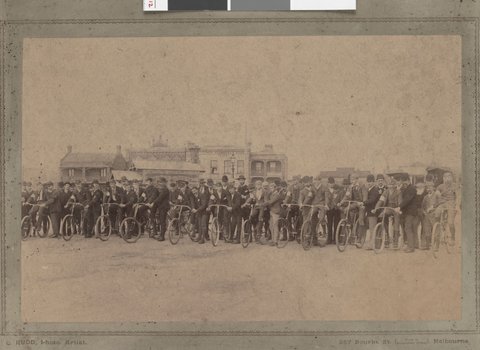 Commencement of a race in Elizabeth St. North Melbourne, c. 1895