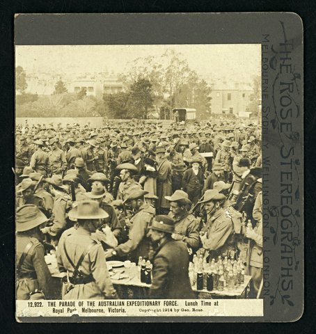 The Parade of the Australian Expeditionary Force - lunch time at Royal Park, Melbourne, Victoria, 1914