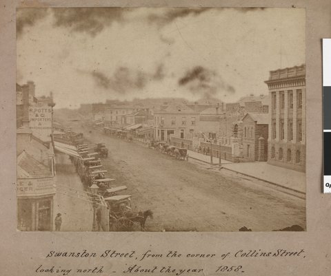Swanston Street, from the corner of Collins Street, looking north - about the year 1858, c. 1858