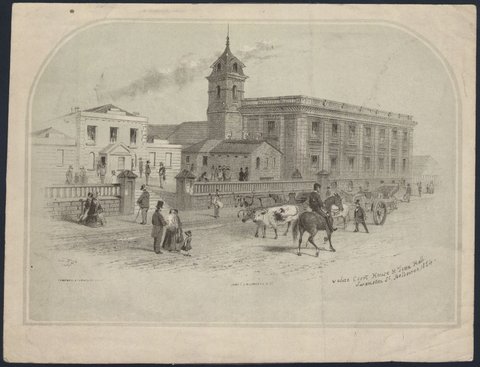 Police Court House & Town Hall, Swanston St, Melbourne, 1854