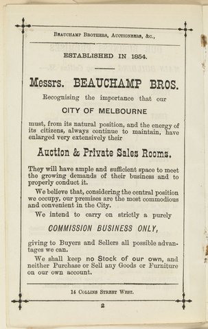 Beauchamp Brothers, 14 Collins St. West, Melbourne, 1851–85