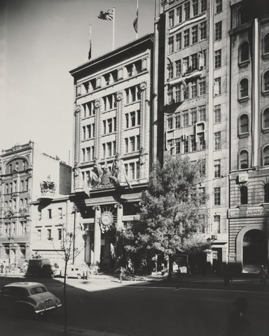Commonwealth Bank in Collins Street decorated for the Royal visit, 1954