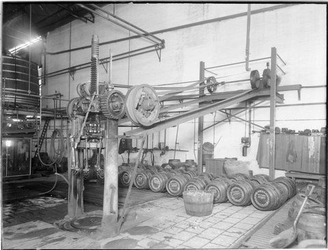 Interior of cooperage area in the Carlton Brewery, 1938