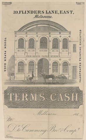 Invoice, Dr. to Cumming Bros. and Co., 39 Flinders Lane East, Melbourne, terms cash, 1851–85