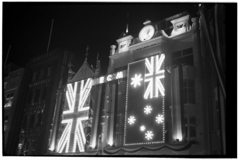 Melbourne streets illuminated for the 1954 Royal Visit