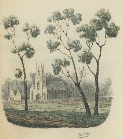 Fitzroy Gardens with James Sinclair's house in the distance ; James Sinclair's house in the Fitzroy Gardens ; St. Peter's Church, Eastern Hill, 1854