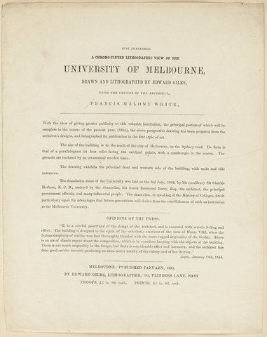Just published, a chromo-tinted lithographic view of the University of Melbourne, drawn and lithographed by Edward Gilks, from the deisgns of the architect, Francis Malony White, 1851–85
