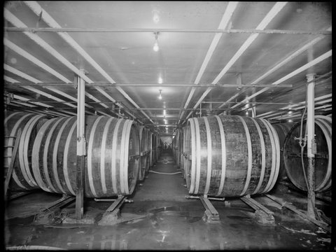 Interior showing the A.K. maturing cellar in the Carlton Brewery, 1938