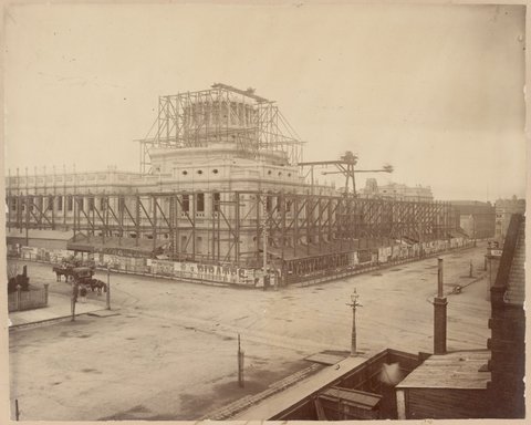 The Supreme Court during construction, showing corner Lonsdale and William Streets, Melbourne, c. 1875