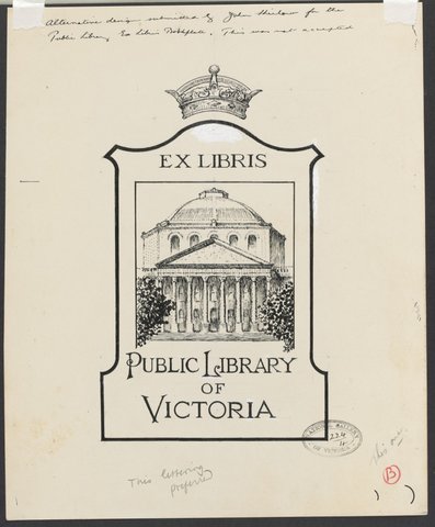 Bookplates for Melbourne Public Library designed and drawn by John Shirlow, 1935