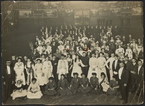 [Fancy dress party at rollerskating rink, South Yarra], 1900–20