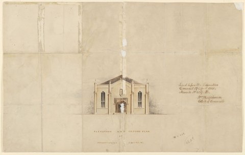 Elevation and Ground Plan of Presbyterian Church. [I.e. Scots Church, Collins Street, Melbourne] [technical drawing], 1841