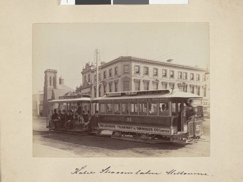Tram car, corner of Brunswick Street and Victoria Parade, [Fitzroy, Vic.], 1891–97