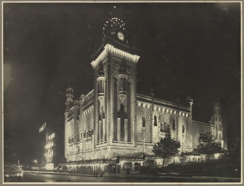 View of the State Theatre Melbourne at night from the corner of Flinders and Russell Streets, 1929