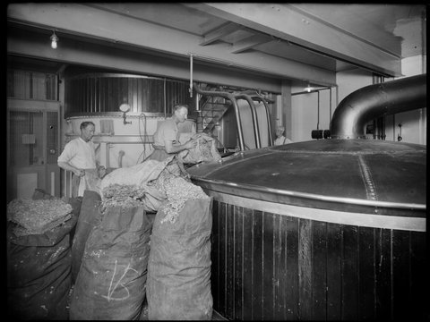 Interior of the Carlton Brewery showing wort production, 1938–39