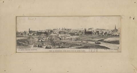 View of Melbourne from south side of River Yarra, 1858