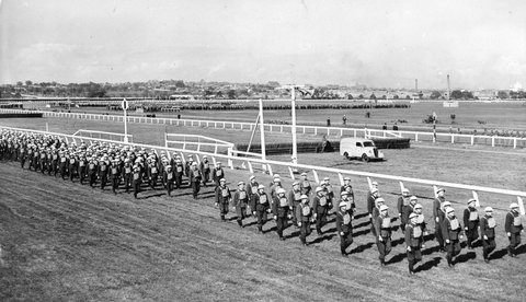 Parade of A.R.P. [i.e. Air Raid Precautions] personnel at Flemington, c. 1943