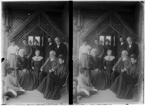 Members of the Coppin family, including George Coppin, in the gardens of Pine Grove, Richmond, Victoria, 1902–08