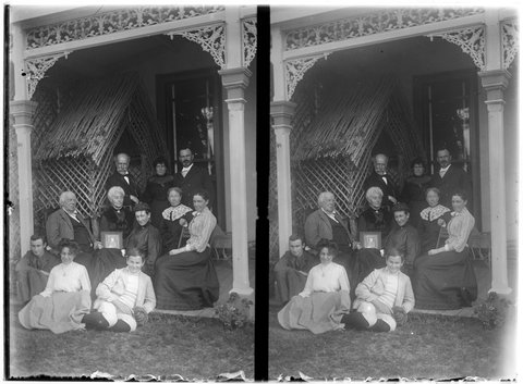Members of the Coppin family, including George Coppin, in the gardens of Pine Grove, Richmond, Victoria, 1905