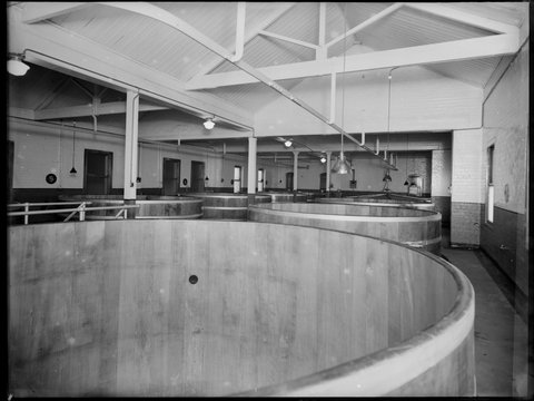 Interior of the Carlton Brewery showing fermentation, 1938–39