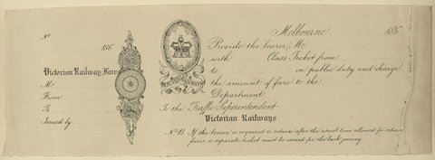 Victorian Railways, Melbourne, blank voucher providing the bearer, on public duty, with a ticket, 1851–85