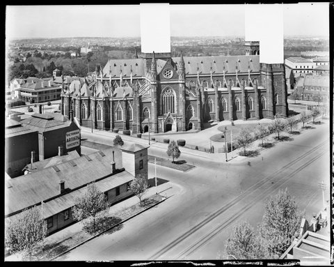 [Elevated view of St. Patrick's Cathedral, Melbourne], 1930s