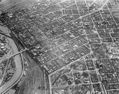 Aerial view of Melbourne central business district and surrounds, 1940–50