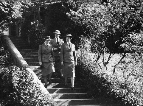 Lt. Colonels E. McQuade White, J. S. Abbott and E. Kenny on the steps of the Senior Administrative School at "Grong Grong", Toorak, Victoria, c. 1944