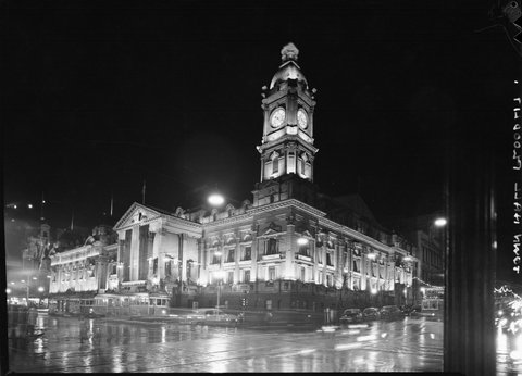 Town Hall, floodlit, [Melbourne, Vic.], 1950s