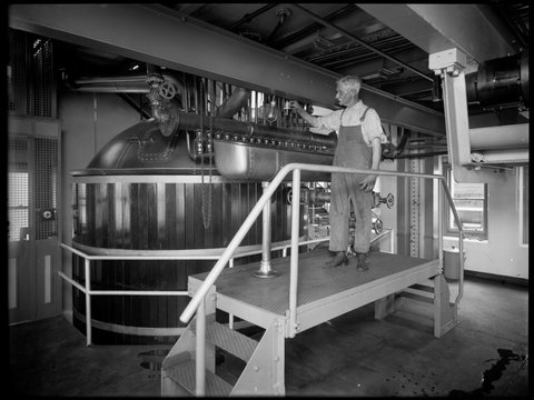 Interior of the Carlton Brewery showing wort production, 1938–39