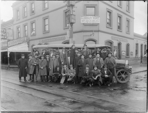 Group of male performers taking part in a Novelty Night, pictured outside the Birmingham Hotel, Fitzroy, 1918