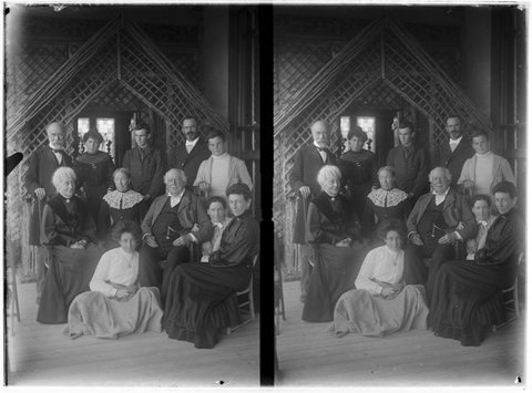 Members of the Coppin family, including George Coppin, in the gardens of Pine Grove, Richmond, Victoria, 1905