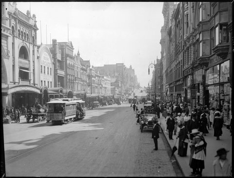 Bourke Street looking west from Swanston Street during World War I, c. 1916