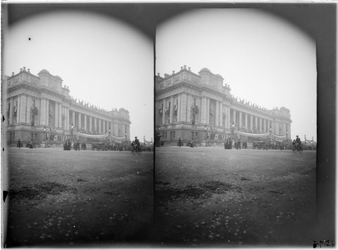 Parliament House, Melbourne, draped in bunting for Federation Celebrations, c. 1901