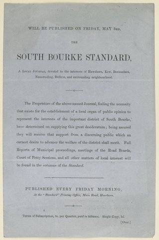 Will be published on Friday, May 3rd, the South Bourke Standard, 1861