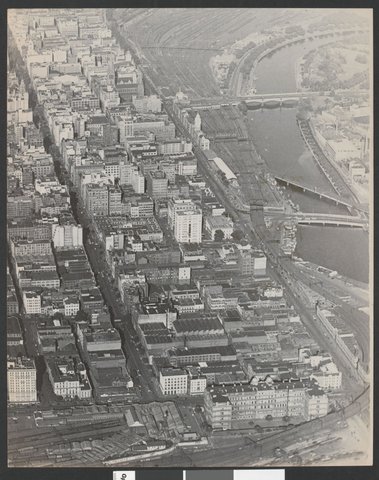 [Aerial view of Collins and Flinders Streets, Melbourne], 1930–50