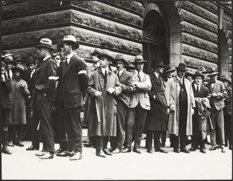A queue of men lining up outside the Melbourne Town Hall to volunteer as special constables during the Police Strike,, 1923