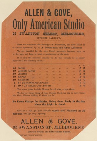 Allen & Gove, only American Studio, 95 Swanston Street, Melbourne, opposite Garton's, 1851–85