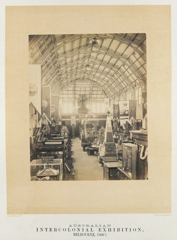 Interior of the Exhibition building, showing exhibits of Melbourne companies and businesses, 1866–67