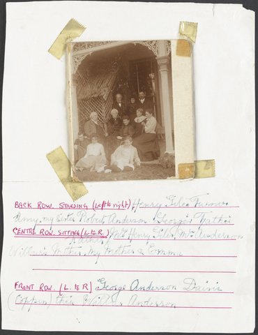 Members of the Coppin family, including George Coppin, in the gardens of Pine Grove, Richmond, Victoria, 1905