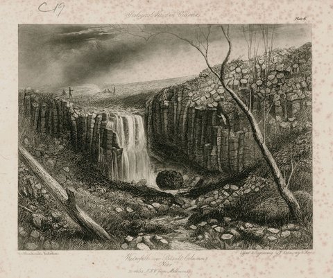 Waterfall over basalt columns "Noer", 30 miles N.N.W. from Melbourne, 1855–56