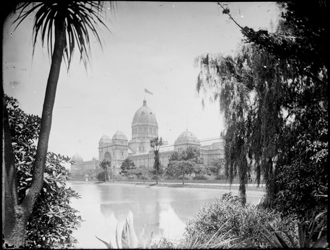 [Looking across lake towards Exhibition Buildings, Carlton, Vic.], 1891–1914
