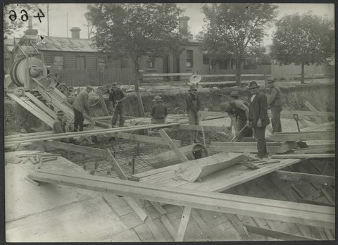 South Kensington to West Footscray, tunnel arch section, Bunbury Street showing formwork for smoke vent in tunnel, 1927