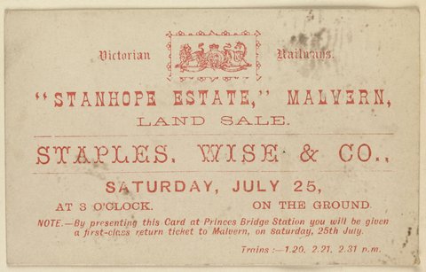 Stanhope Estate, Malvern land sale, Staples, Wise & Co, 1851–85