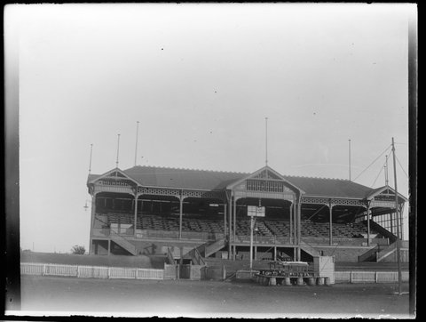 Wooden grandstand with gabled roof, Victoria Park, Collingwood, 1890–1920