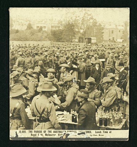 The Parade of the Australian Expeditionary Force - lunch time at Royal Park, Melbourne, Victoria, 1914