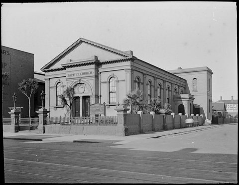 South Yarra Baptist Church, A. Scott Furniture Storers in distance, 1900–50