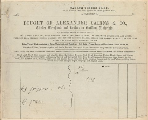 Alexander Cairns and Company invoice to Carron Timber Yard, number 72 Flinders Lane East, opposite the Prince of Wales Hotel, Melbourne, 1851–85