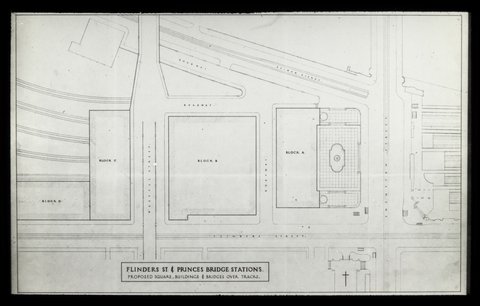 Flinders St. & Princes Bridge Stations - proposed square, buildings & bridges over tracks, 1930–50